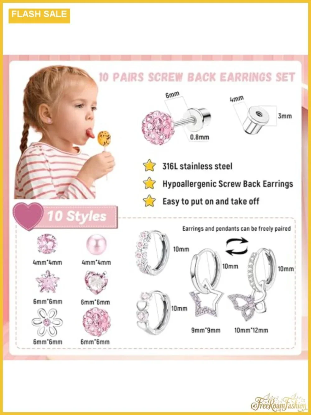 10 Pairs Hypoallergenic Stainless Steel Screw Back Stud Hoop Dangle Earrings Set